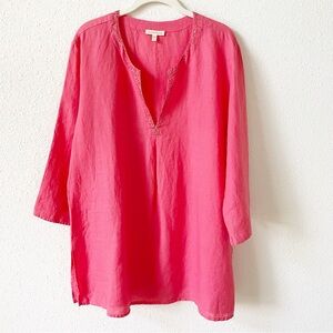 Eileen Fisher 100% Irish Linen Split Neck Tunic Grapefruit Sz XL Coastal Sequins